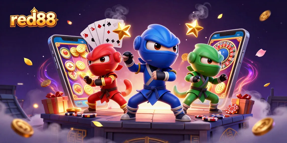Experience thrilling action with red88 as colorful chameleon ninjas perform in a vibrant casino scene.