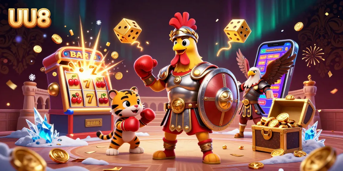 Experience UU88, where the gladiator rooster and tiger cub excite players in a vibrant casino world.