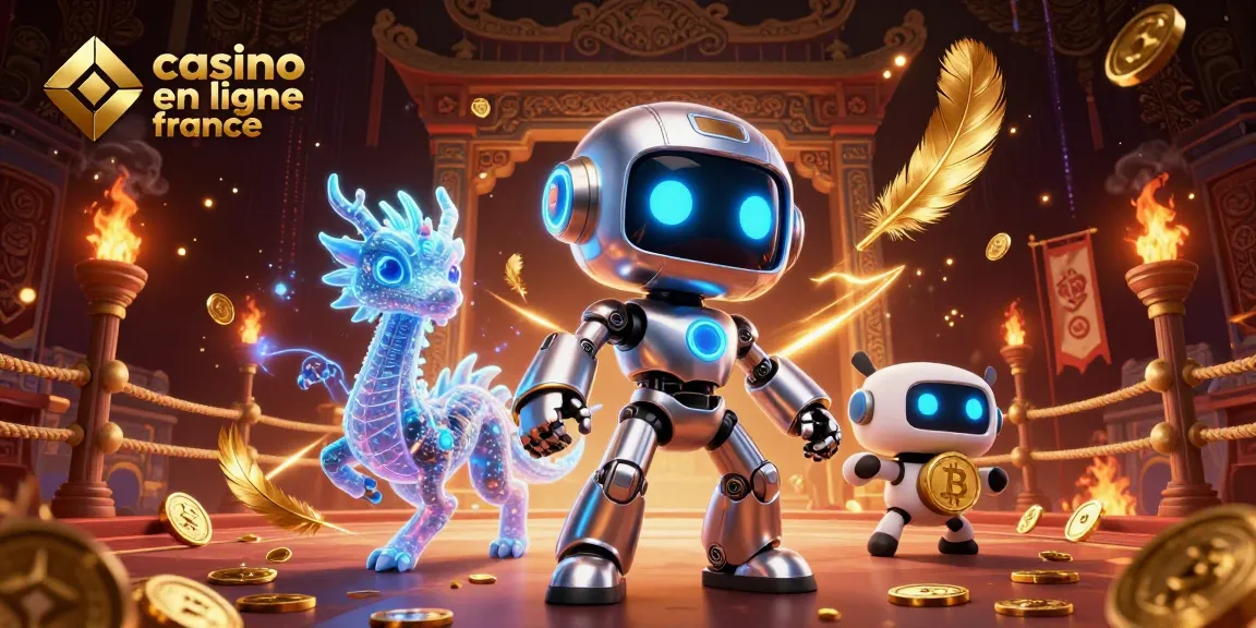 Vivez l'expérience des casinos en ligne France avec un robot et un dragon holographique dans un décor riche en glamour.