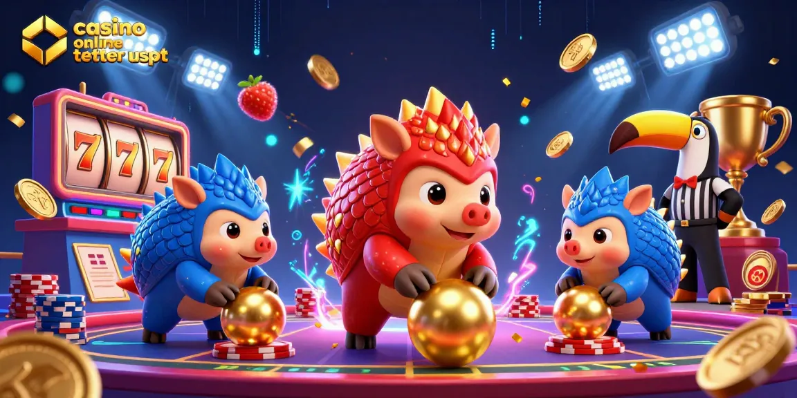 Giocando nei casino online tether usdt, due pangolini rivali animati si sfidano con monete d'oro e simboli delle slot