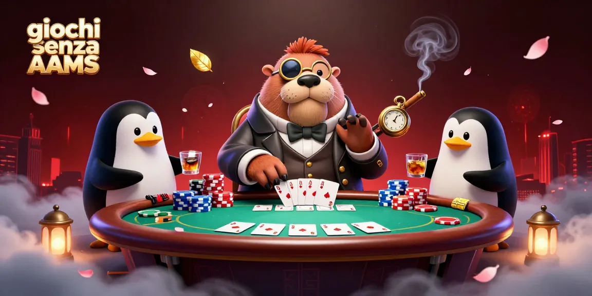 Gioca nei casinò senza AAMS con un walrus elegante in aderenza al tavolo di poker, circondato da carte e fiches.