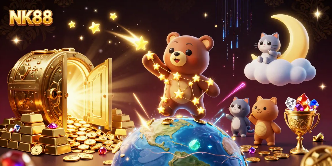 NK88 offers a vibrant online casino experience with gold coins and joyful characters in a dynamic scene.