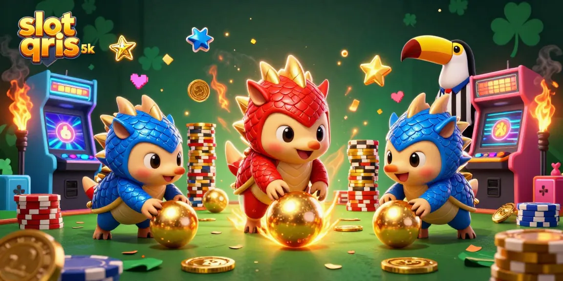 Engage with slot qris 5k's thrilling world as colorful pangolins play amidst cascading coins and vibrant arcade elements.