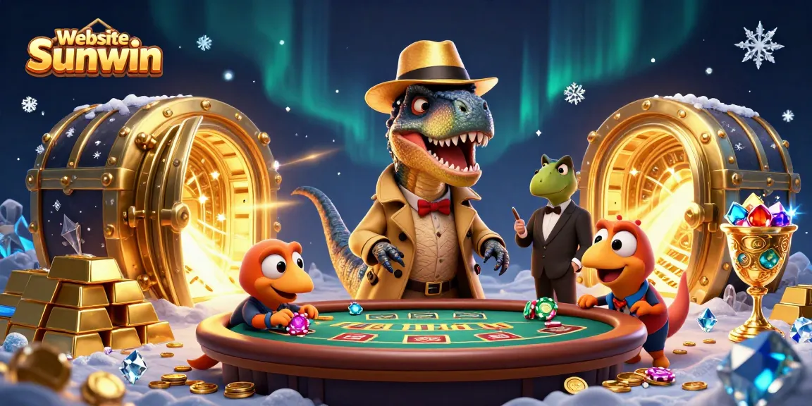 Engage with thrilling games at Website Sunwin, where a velociraptor card counter plays blackjack, creating a vibrant casino atmosphere.