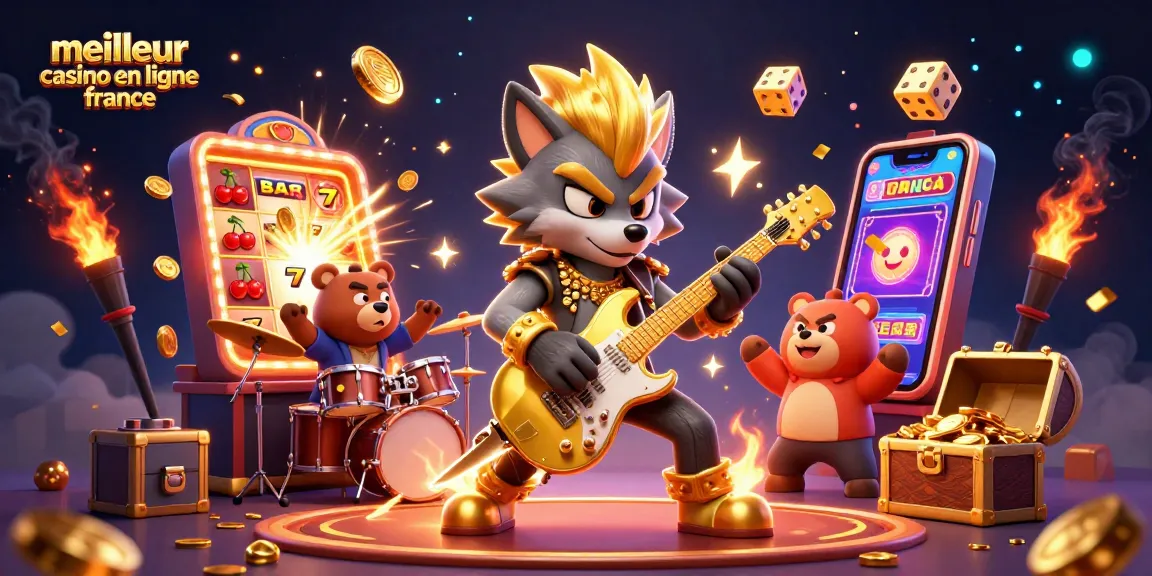 Jouer sur le meilleur casino en ligne France avec un loup rock star et un ours batteur sur scène, entourés de gains et de jeux.