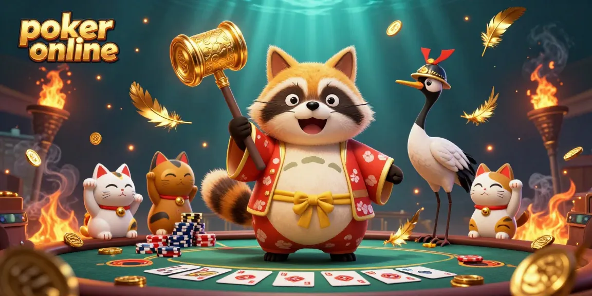 Jouez au poker en ligne avec un tanuki et un crâne en arrière-plan, entourés de jetons et d'effets atmosphériques.