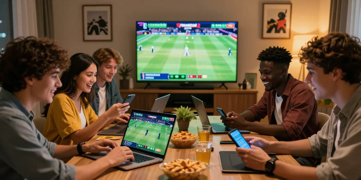 Friends enjoying live cricket betting on Fairplay24 with smartphones and laptops, lively betting atmosphere.