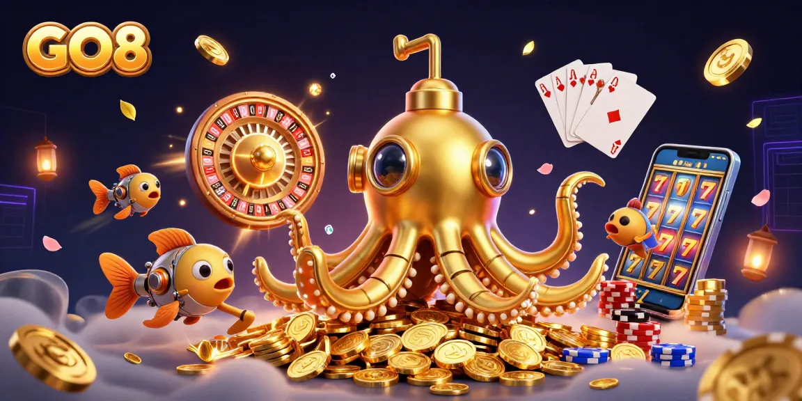 Experience thrilling wins at GO8 with a dynamic 3D casino scene featuring golden jackpots and captivating gameplay.