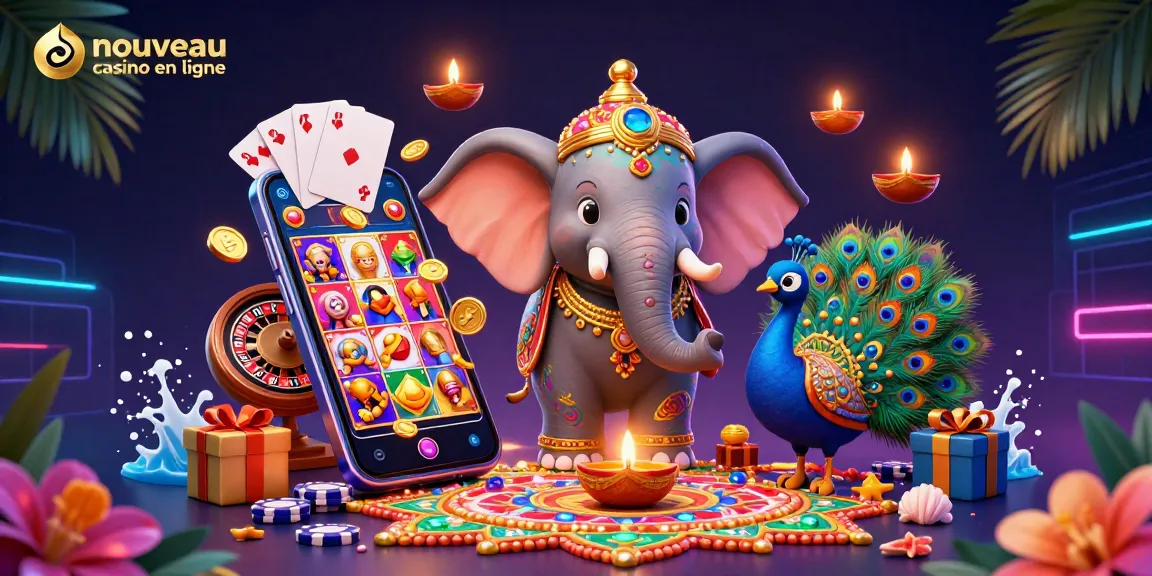 Accédez aux nouveaux casinos en ligne avec cette illustration dynamique de jeux et éléments colorés.