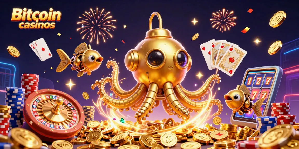 Explorez les casinos en Bitcoin avec une illustration dynamique de la machine à sous et des pièces d'or.