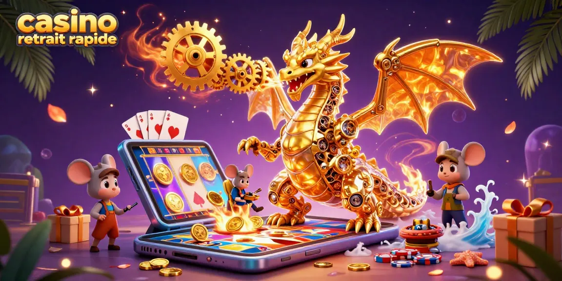 Gagnez avec un casino retrait rapide au cœur d'une illustration dynamique de dragon et jeux d'argent.
