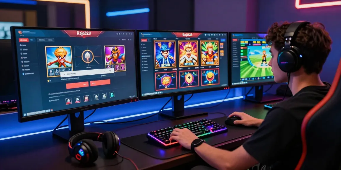 Login raja328 screen in a vibrant gaming setup with multiple monitors and accessories.