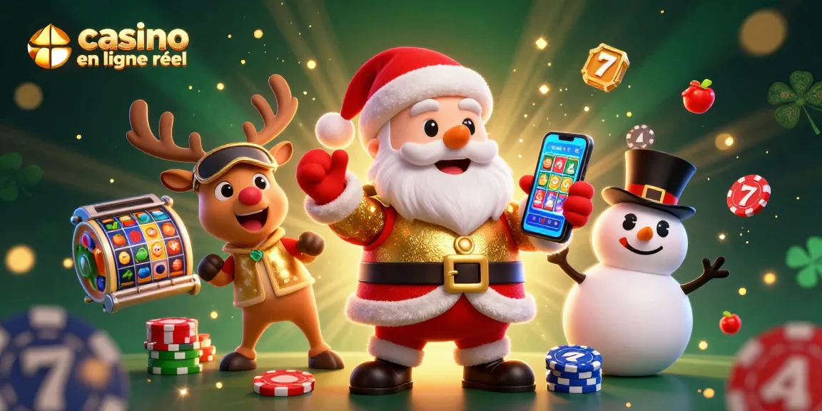 Illustration de casino en ligne argent réel montrant un Père Noël et ses amis dans une scène festive de jeu.