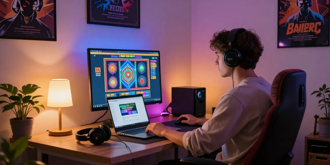 Playbook88 online gaming scene with a young adult engaged in a slot game at a stylish home office.
