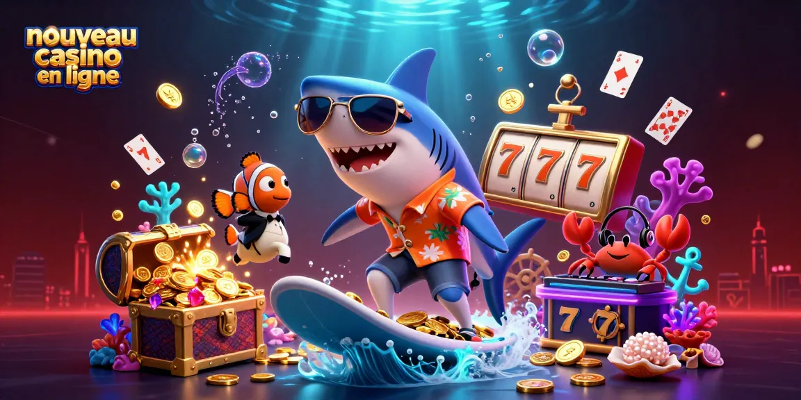 Image complète de "nouveau casino en ligne" avec un requin jouant sur des pièces d'or entouré de machines à sous et d'éléments marins.