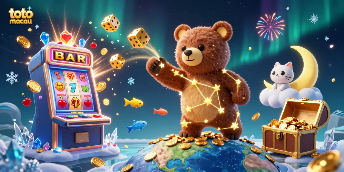 Experience thrilling wins with toto macau in colorful casino-themed 3D illustration filled with slot, coins, and vibrant characters.