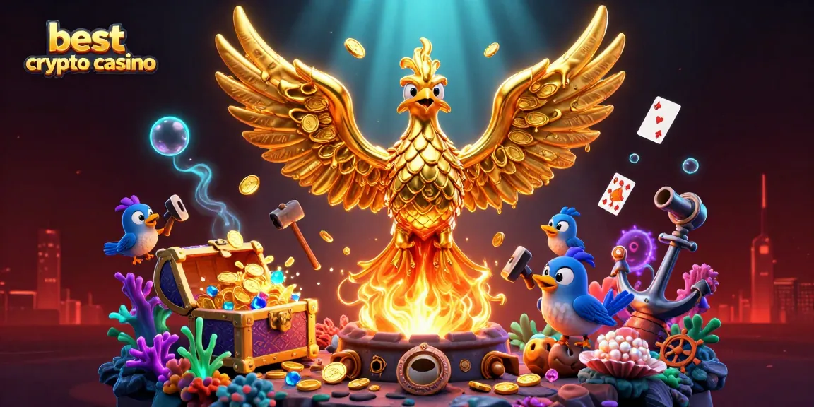 Profitez des meilleures expériences sur le meilleur crypto casino avec un phénix doré entouré de trésors