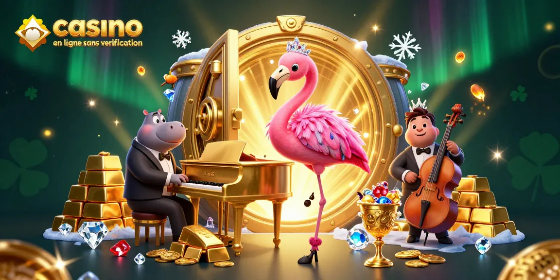 Découvrez l'animation du casino en ligne sans vérification avec un flamant rose chanteur et un hippopotame bassiste éblouissant.