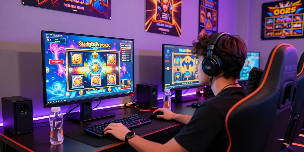 Player engaging with the Starlight Princess slot game, vibrant gaming setup.