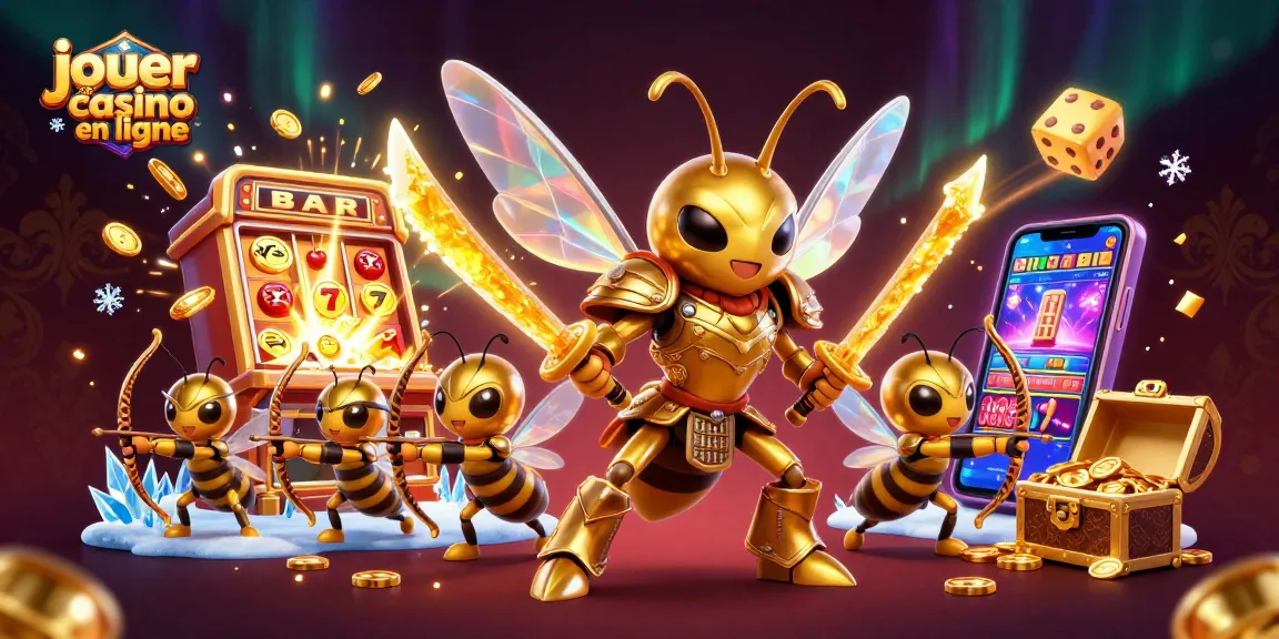 Jouer au casino en ligne avec une illustration colorée de machines à sous et personnages animés.