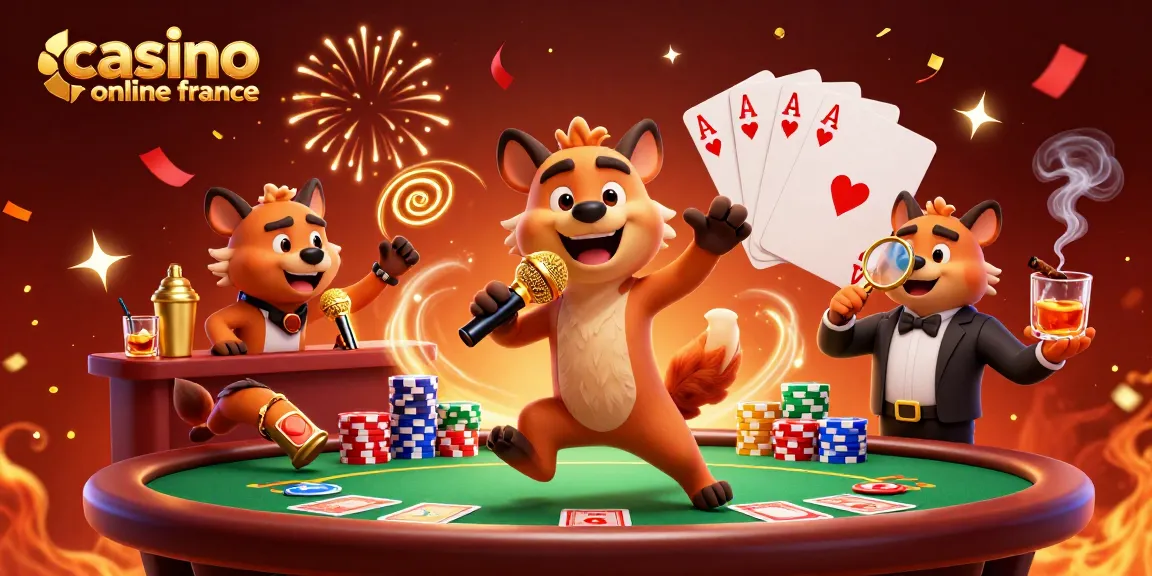 Découvrez l'animation vivante d'un casino en ligne en France avec des hyènes dans une ambiance de fête dynamique.