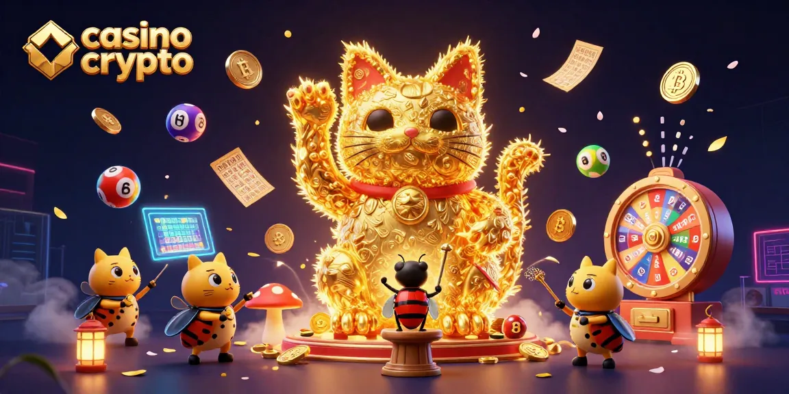 Illustration d'un casino crypto, représentant des feux follets dorés et une ambiance festive.