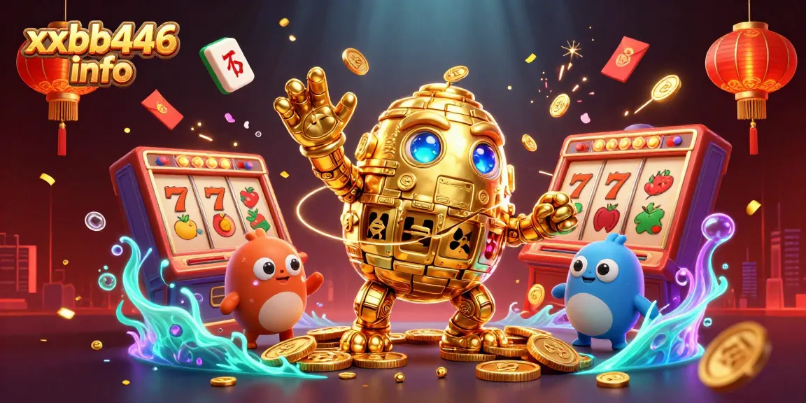 Play lucky slots at xxbb446 info, featuring a golden golem surrounded by vibrant casino elements.