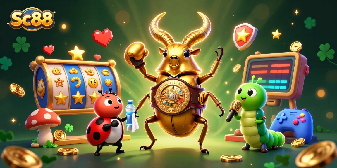 Experience the thrilling Sc88 gaming scene with a golden stag beetle champion amidst dynamic slot elements.