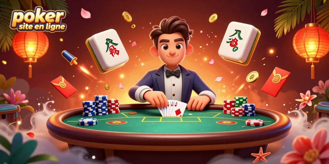 Jouer au poker sur un site de poker en ligne avec une main gagnante et des jetons éparpillés autour.