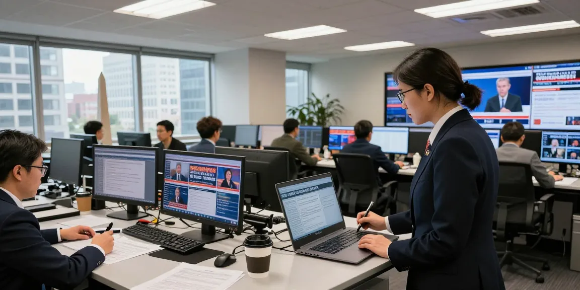 Breaking news journalist at work on https://www.theindaily.com in a bustling newsroom.