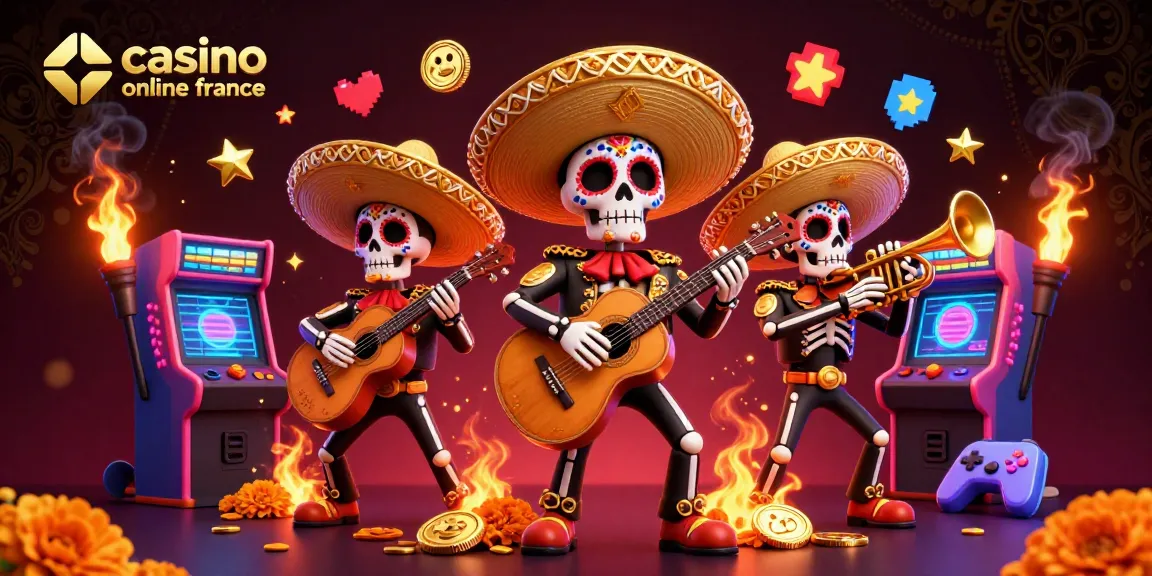 Illustration festive pour "casinos en ligne en France" avec un groupe de squelettes mariachi colorés et éléments de jeu.