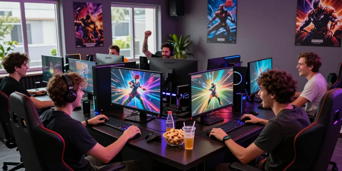 Exciting gaming scene at 7meter lounge with friends playing action games.