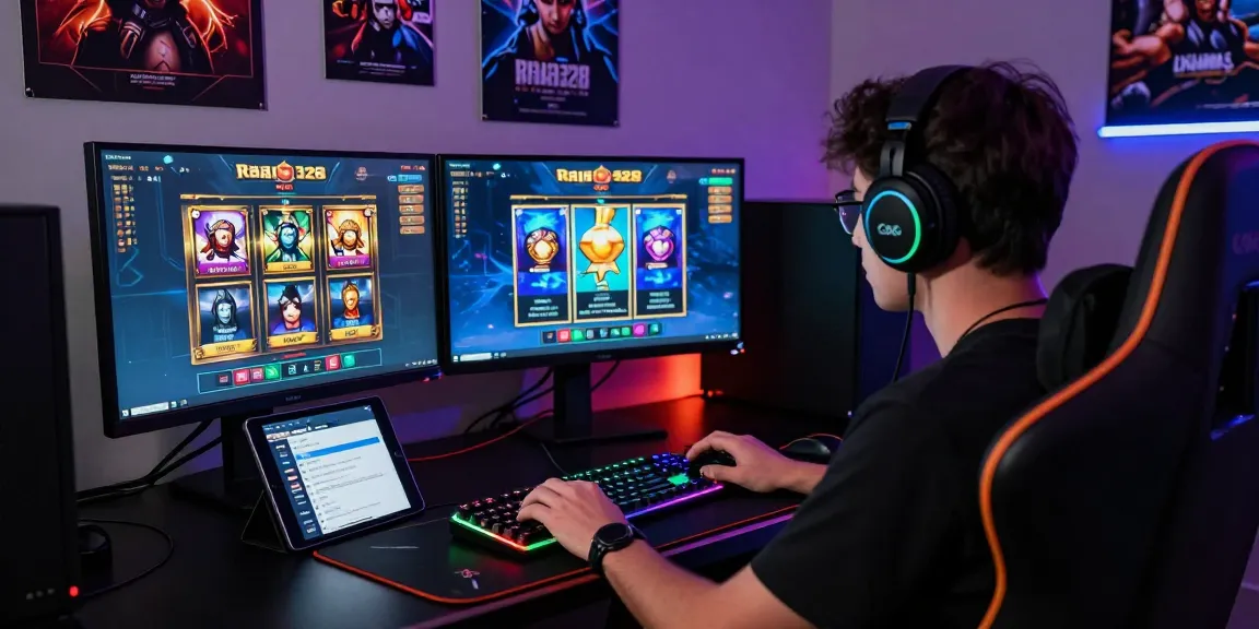Player logging into Raja328 on a dual monitor setup, showcasing vibrant slot games and community chat.