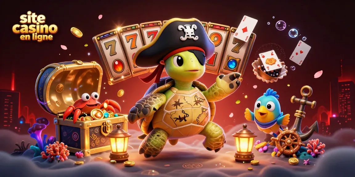 Jouez sur un site casino en ligne avec une tortue pirate et un crabe hermite autour de trésors sous-marins.