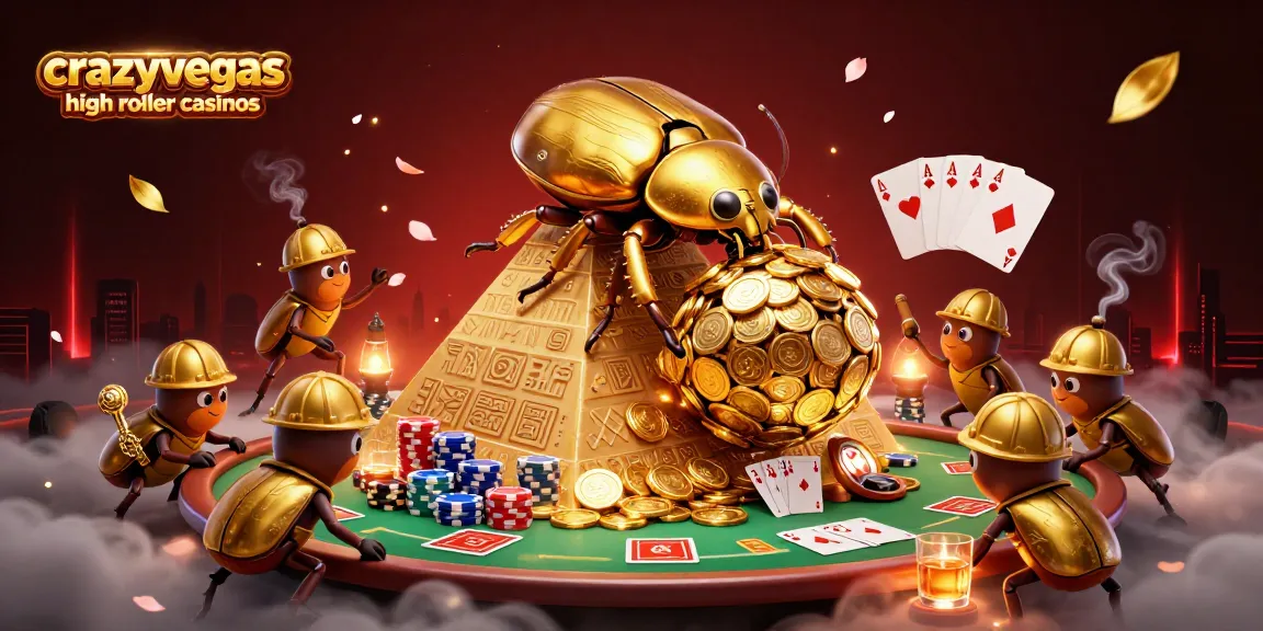 This vibrant scene showcases crazyvegas high roller casinos with golden beetles, coins, and poker elements.