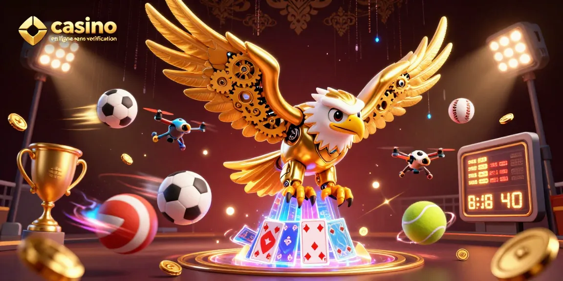 Explorez le monde du casino en ligne sans vérification avec un aigle cybernétique entouré de cartes holographiques et d'éléments sportifs.
