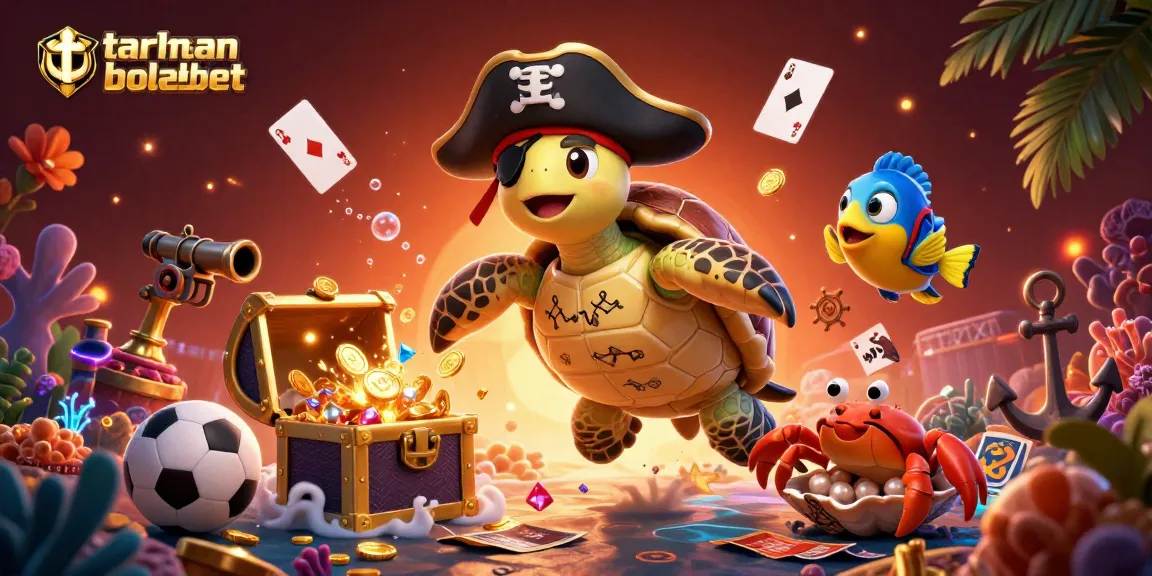 Experience taruhan bola sbobet excitement with a lively 3D underwater scene featuring a pirate turtle and friends.