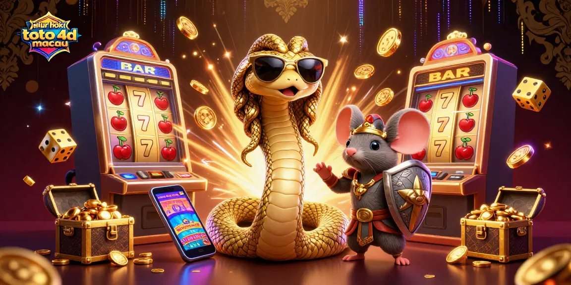 Win big in jalur hoki toto 4d macau with a vibrant scene of 3D slots, friendly characters, and jackpot excitement.