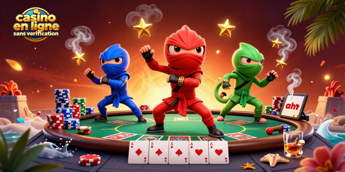Jouez à casino en ligne sans vérification avec une équipe de caméléons ninja en action sur un toit.