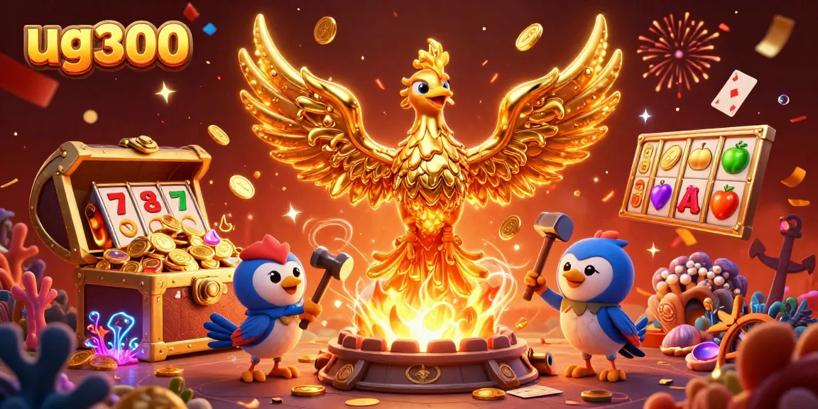 Mengangkat pembayaran jackpot di ug300 dengan gambar burung phoenix emas menyala dan simbol slot yang menawan.