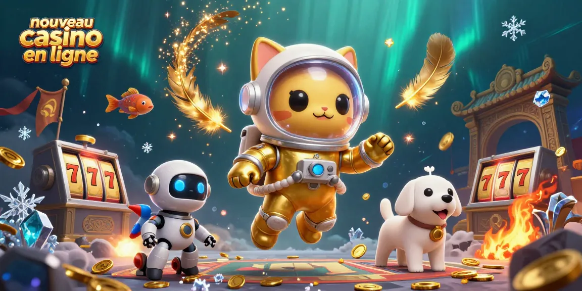 Plongez dans l'univers du nouveau casino en ligne avec un chat astronaute explorant des jeux de hasard et des jetons d'or flottants.