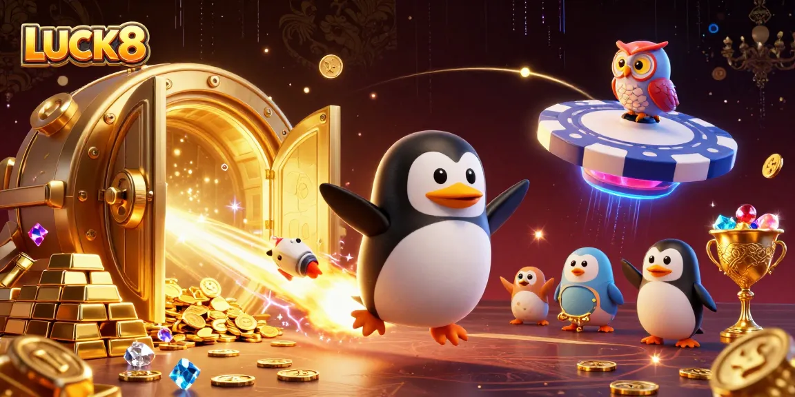 LUCK8 attracts players with a vibrant golden penguin and dynamic casino elements in space.