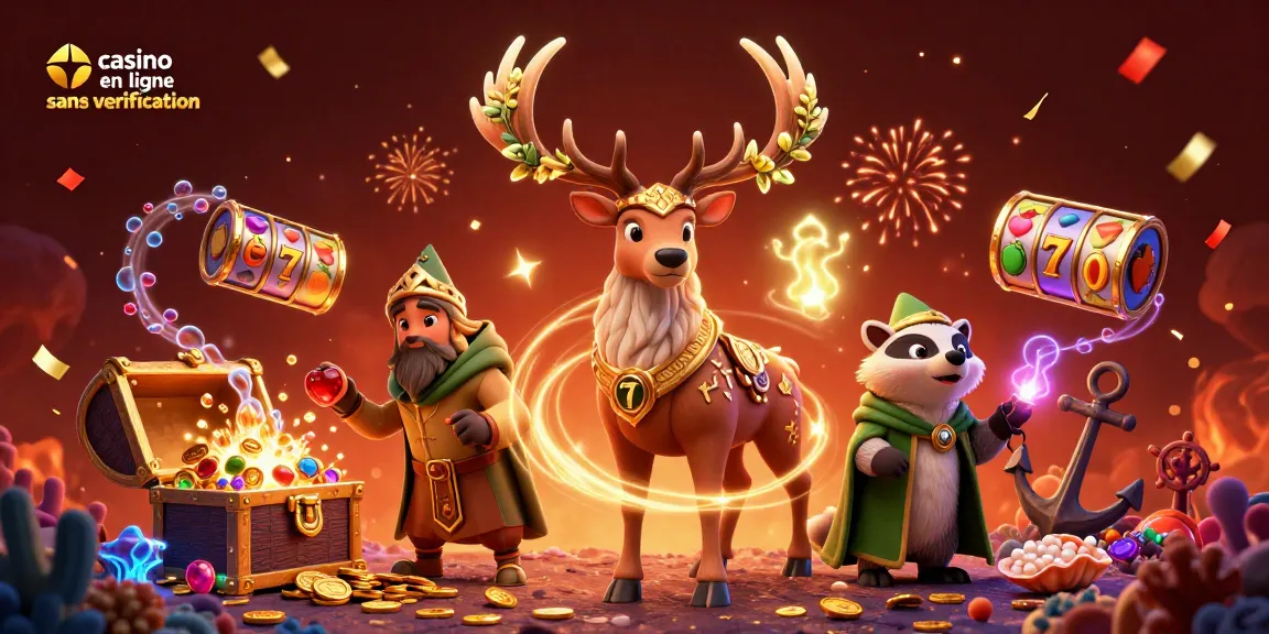 Jouez à casino en ligne sans vérification avec une illustration de personnages et éléments de jeu animés.