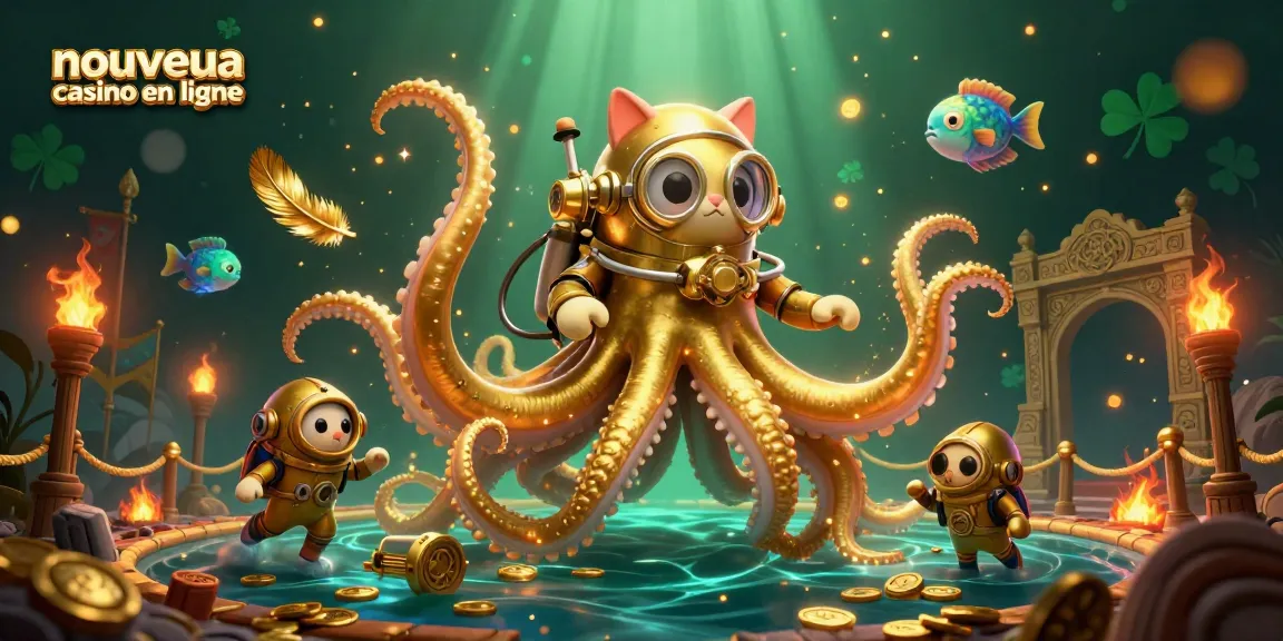 Illustration d'une scène dynamique avec un kraken doré et un chat plongeur représentant le nouveau casino en ligne.