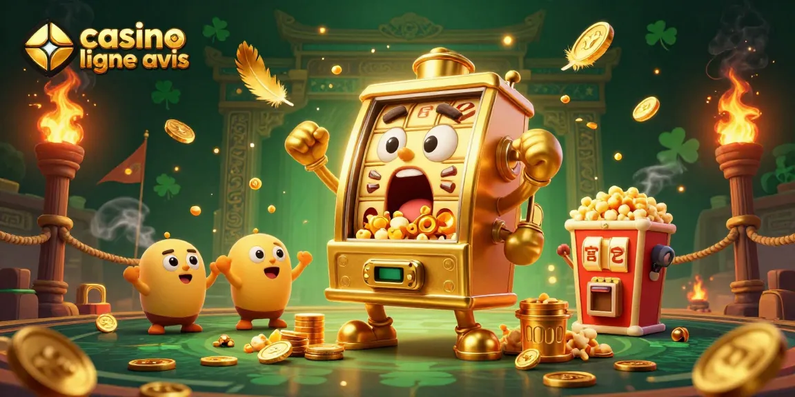 Casino en ligne avis : machines à sous et ambiance festive avec des machines rutilantes et des pièces d'or.