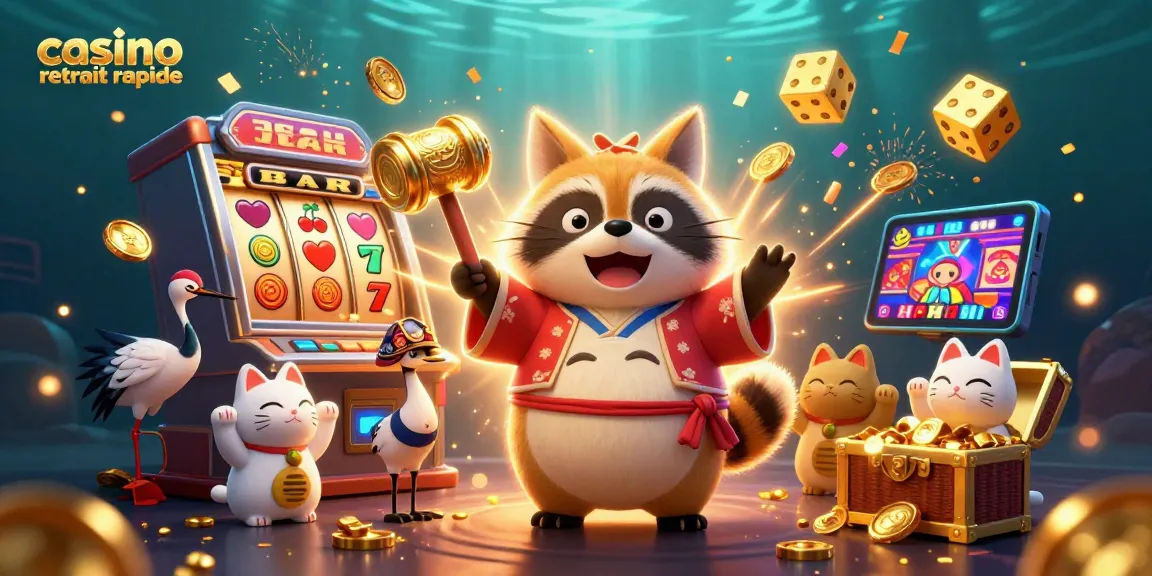 Visitez notre illustration captivante de casino retrait rapide, où un tanuki en costume traditionnel célèbre avec chance.