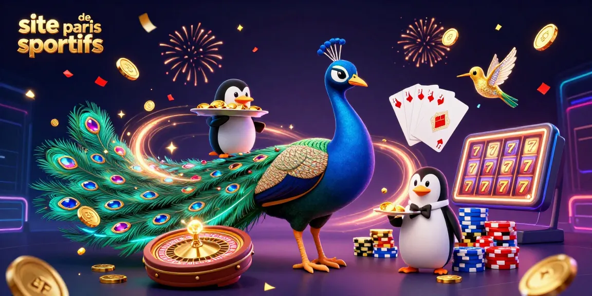 Pariez sur le site de paris sportifs avec une illustration riche en jeux de casino et en personnages animés.