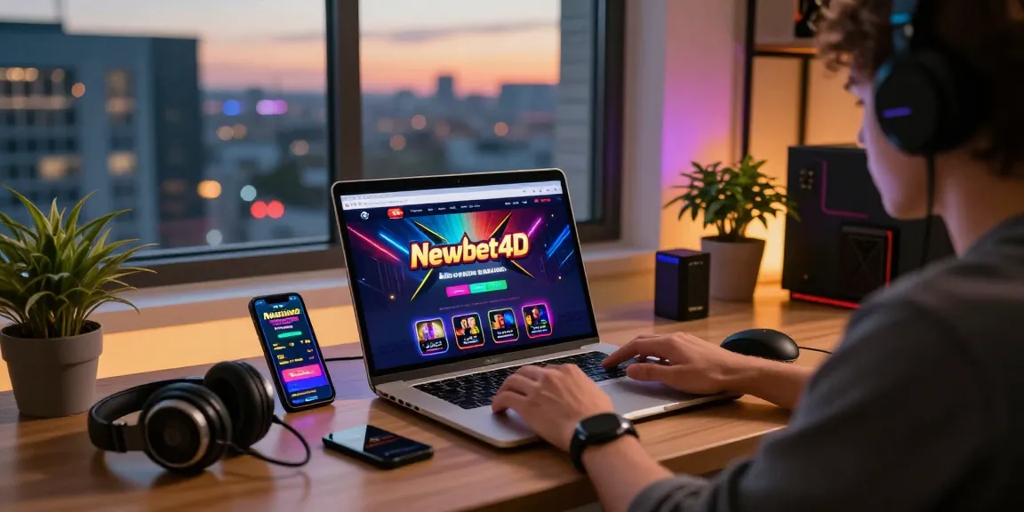 Online gaming enthusiast engaging with newbet4d on a sleek laptop in a vibrant home office.