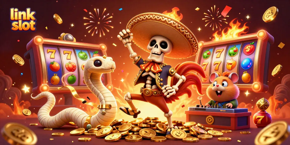 Menangkan jackpot di link slot dengan gambar slot Gacor, karakter kartun, dan koin emas berjatuhan.
