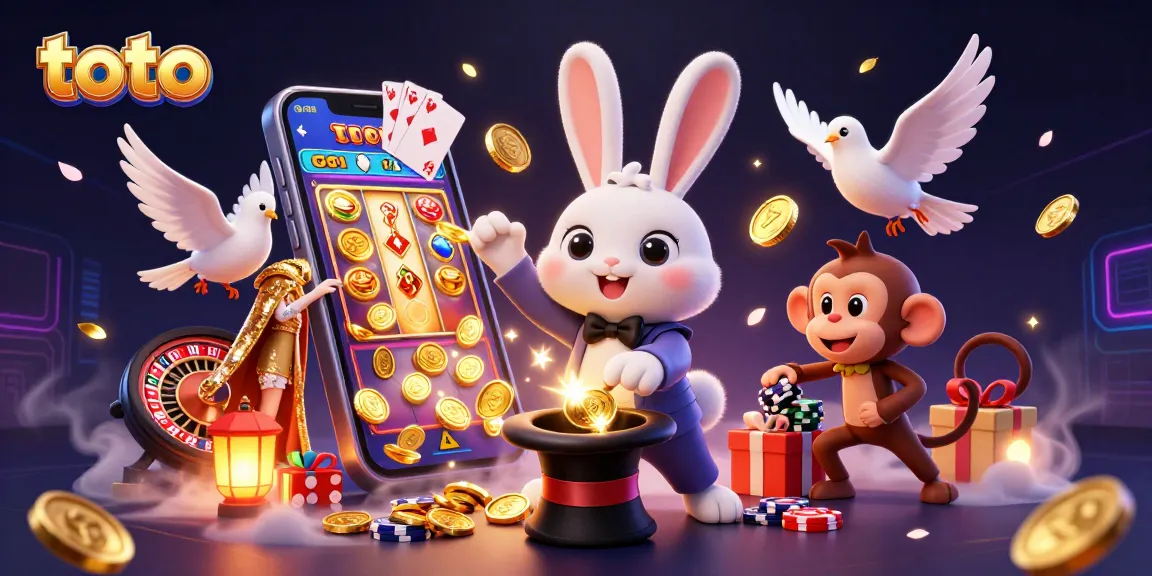 Taruhan toto dengan kelinci pesulap dan koin emas dalam ilustrasi kasino yang mengesankan.